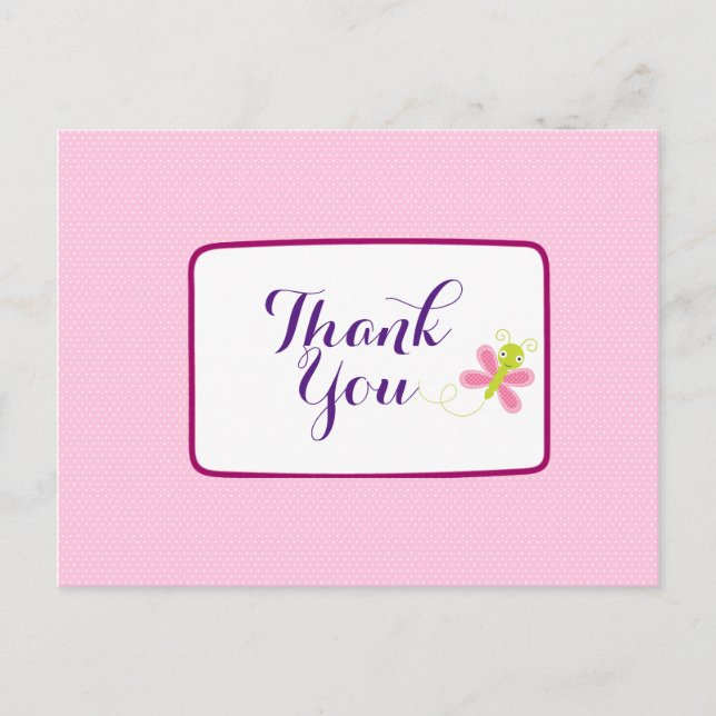 Whimsical Butterfly on Pink Polka Dots Thank You Postcard (Front)