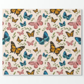 Whimsical Butterfly Pattern with Green Leaves Wrapping Paper (Flat)