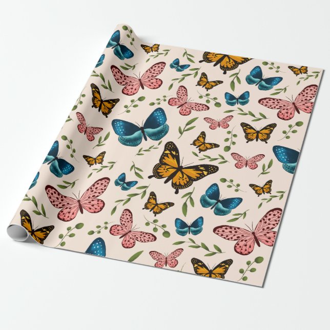 Whimsical Butterfly Pattern with Green Leaves Wrapping Paper (Unrolled)
