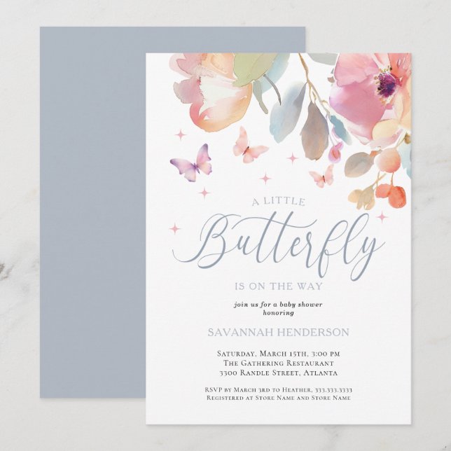 Whimsical Butterfly Pink Blue Floral Baby Shower Invitation (Front/Back)