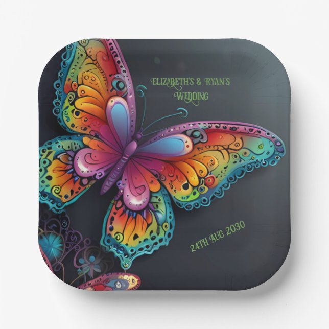 Whimsical Butterfly Romance Wedding Invitation Paper Plates (Front)