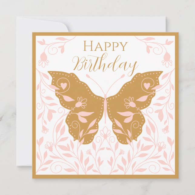 Whimsical Butterfly With Light Pink Vines  Note Card (Front)