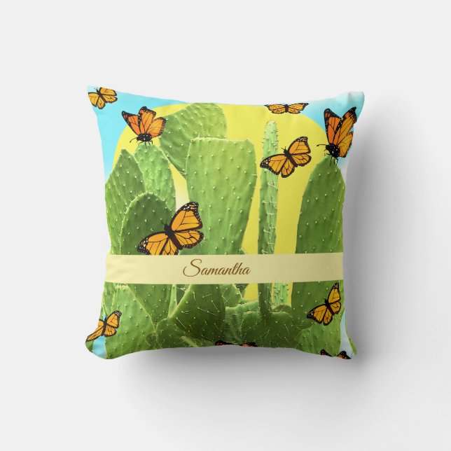 Whimsical Cactus And Butterflies Throw Pillow (Front)