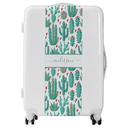 Whimsical cactus green white cute family monogram luggage