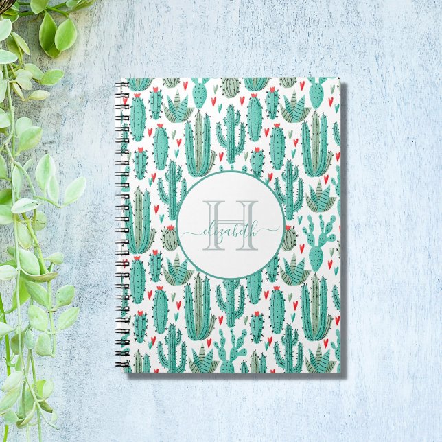 Whimsical cactus green white cute pattern notebook (Creator Uploaded)