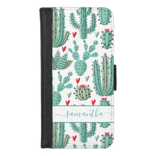 Whimsical cactus green white pattern monogram iPhone 87 wallet case