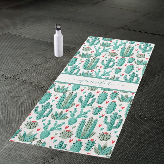 Whimsical cactus green white pattern monogram yoga mat (Creator Uploaded)