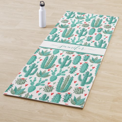 Whimsical cactus green white pattern monogram yoga mat