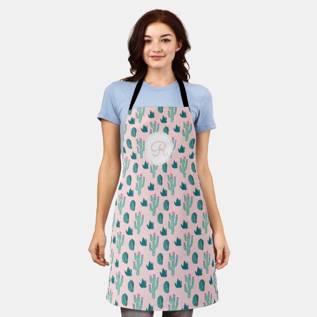 Whimsical Cactus Pattern Pink Monogram Apron (Worn)