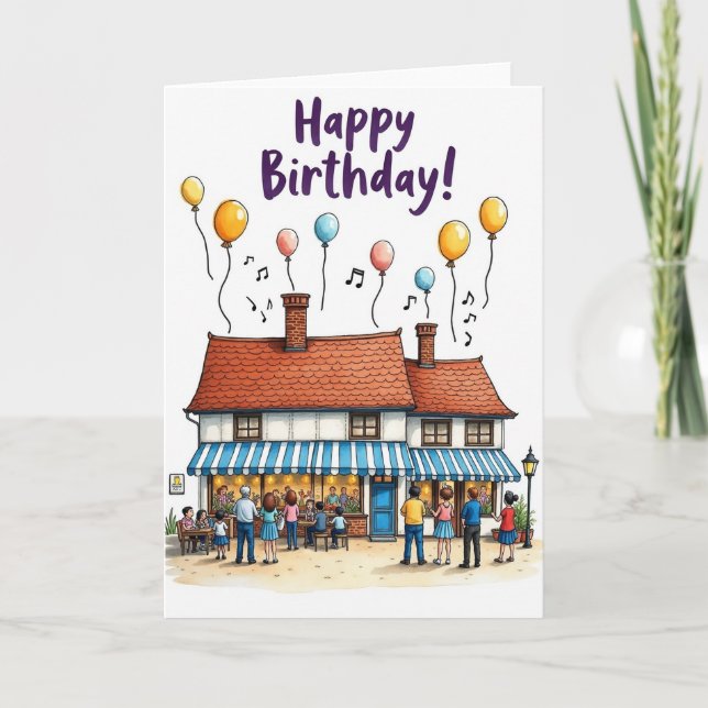 Whimsical Cafe Scene Birthday Card (Front)