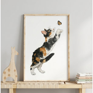 Whimsical Calico Cat & Butterfly Watercolor Art Poster