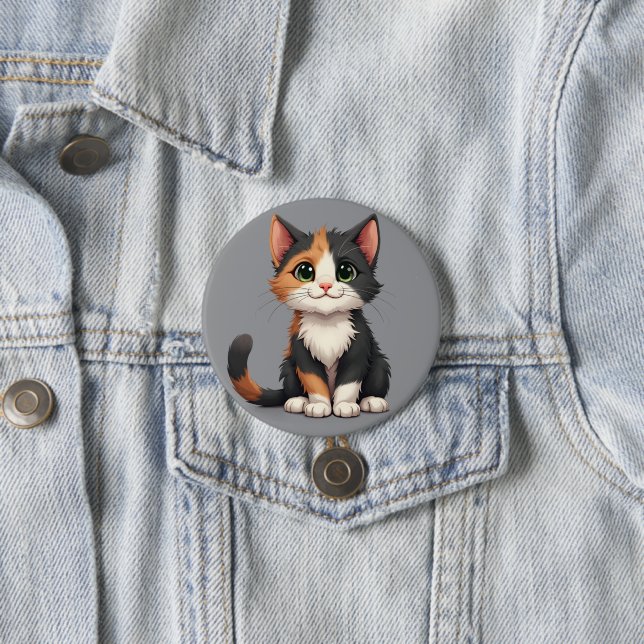 Whimsical Calico Kitten with Cattitude Button (In Situ)