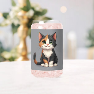 Whimsical Calico Kitten with Cattitude Can Glass