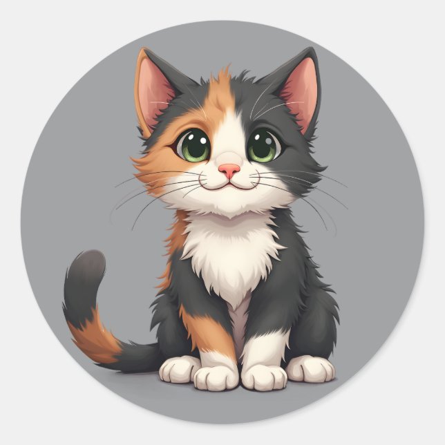 Whimsical Calico Kitten with Cattitude Classic Round Sticker (Front)