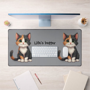 Whimsical Calico Kitten with Cattitude Desk Mat