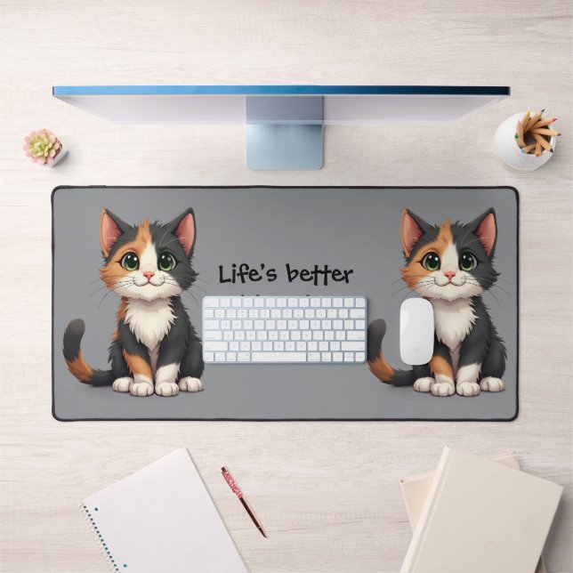 Whimsical Calico Kitten with Cattitude Desk Mat (Office 1)