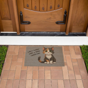Whimsical Calico Kitten with Cattitude Fiber Doormat