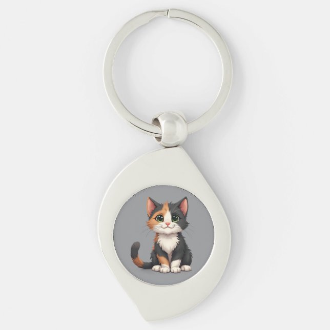 Whimsical Calico Kitten with Cattitude Keychain (Front)