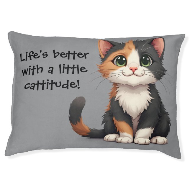 Whimsical Calico Kitten with Cattitude Pet Bed (Front)