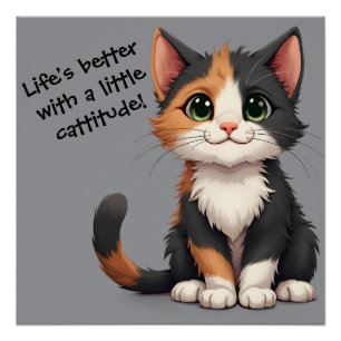 Whimsical Calico Kitten with Cattitude Poster