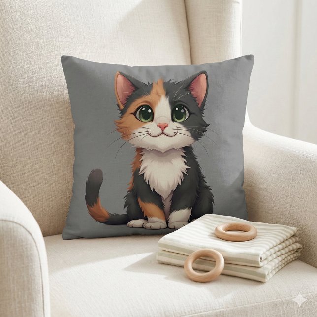Whimsical Calico Kitten with Cattitude Throw Pillow (Whimsical Calico Kitten with Cattitude Throw Pillow Mockup A)