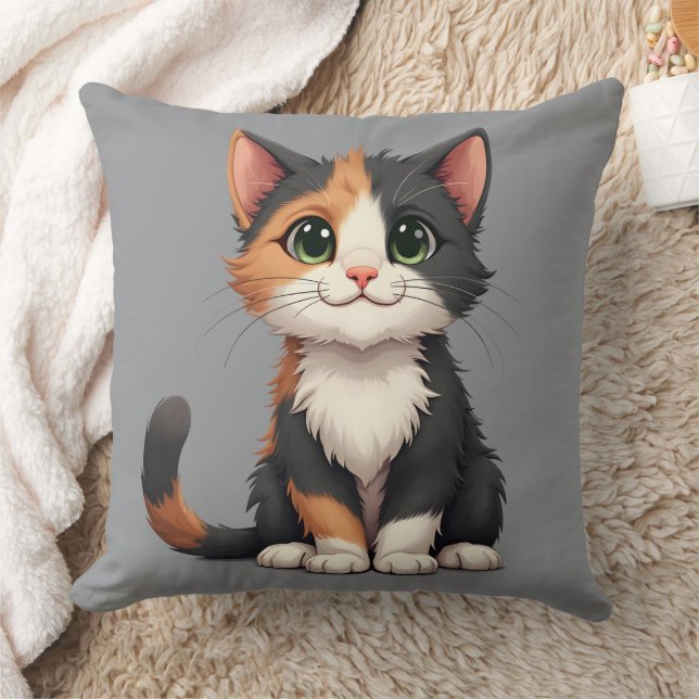 Whimsical Calico Kitten with Cattitude Throw Pillow (Blanket)
