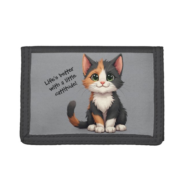 Whimsical Calico Kitten with Cattitude Trifold Wallet (Front)