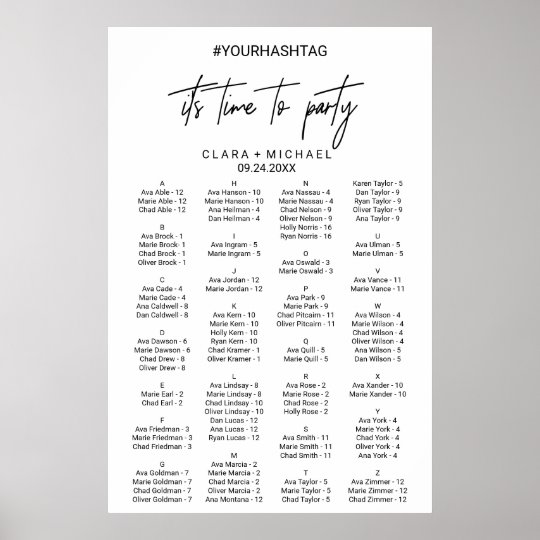Whimsical Calligraphy Alphabetical Seating Chart Zazzle