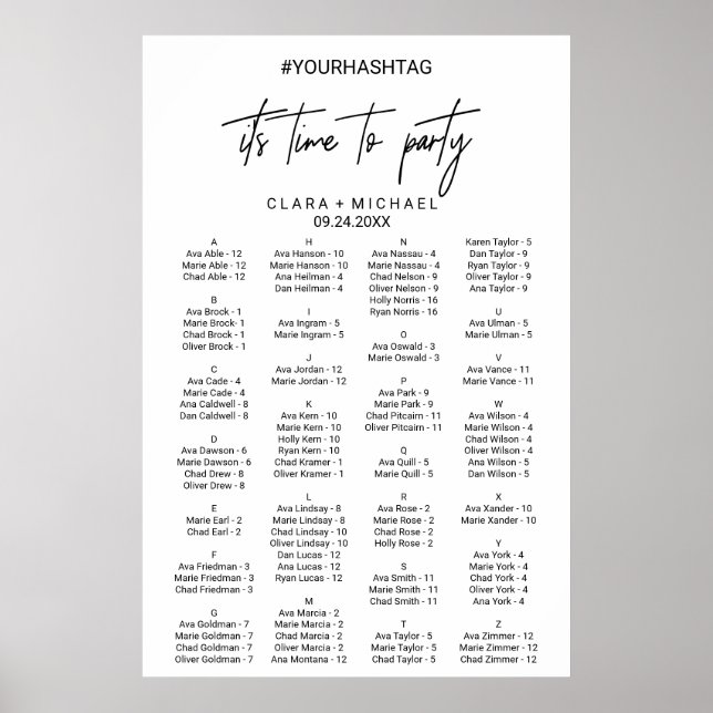 Whimsical Calligraphy Alphabetical Seating Chart (Front)