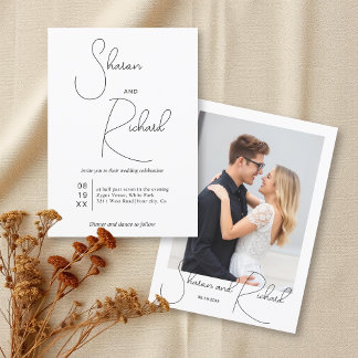 Whimsical calligraphy black white photo wedding invitation