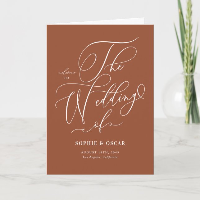 Whimsical Calligraphy Boho Terracotta Wedding Program (Front)