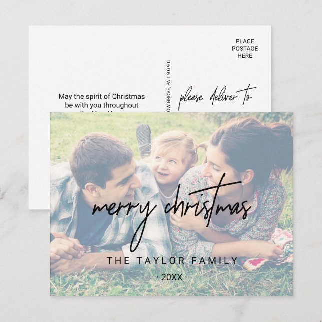Whimsical Calligraphy | Faded Photo Christmas Holiday Postcard (Front/Back)