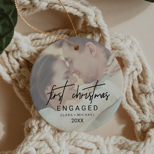 Whimsical Calligraphy Faded Photo Engaged Ceramic Ornament