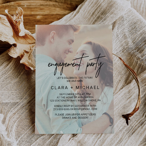 Whimsical Calligraphy Faded Photo Engagement Party Invitation