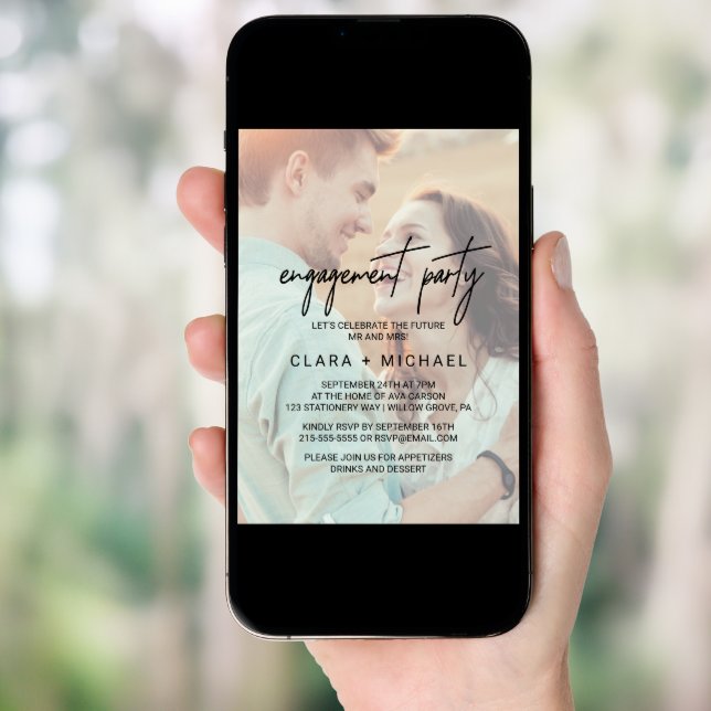 Whimsical Calligraphy Faded Photo Engagement Party Invitation (Front Digital)