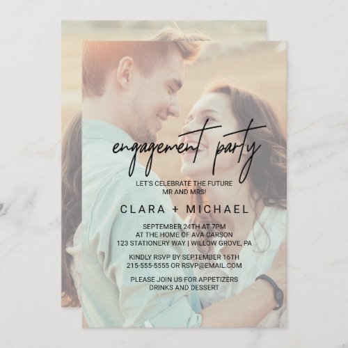 Whimsical Calligraphy Faded Photo Engagement Party Invitation