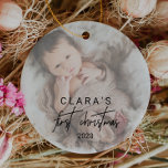 Whimsical Calligraphy Faded Photo First Christmas Ceramic Ornament<br><div class="desc">This whimsical calligraphy faded photo first Christmas holiday ornament is the perfect modern Christmas tree decoration. The design features elegant yet rustic typography with two of your photos, one on the front and one on the back. This keepsake ornament reads "first Christmas". Personalize it with your baby's name and the...</div>