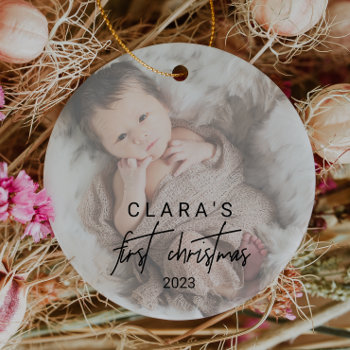 Whimsical Calligraphy Faded Photo First Christmas Ceramic Ornament by ChristmasPaperCo at Zazzle