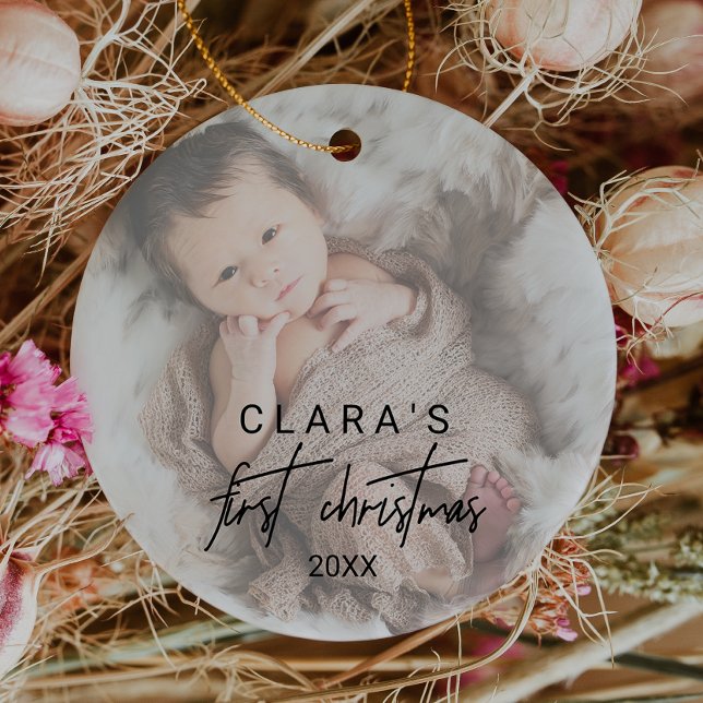 Whimsical Calligraphy Faded Photo First Christmas Ceramic Ornament (Whimsical Calligraphy Faded Photo First Christmas Ceramic Ornament)