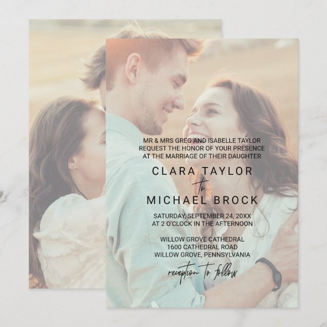 Whimsical Calligraphy | Faded Photo Formal Wedding Invitation (Front/Back)