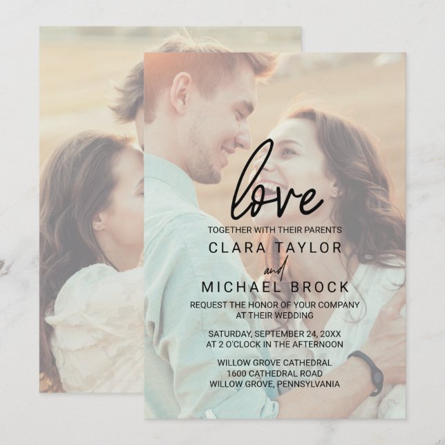 Whimsical Calligraphy | Faded Photo Love Wedding Invitation (Front/Back)