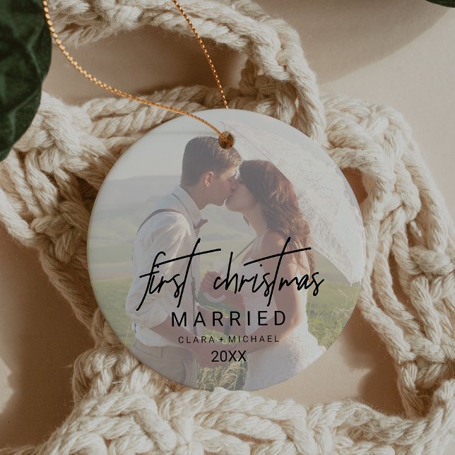 Whimsical Calligraphy Faded Photo Married Ceramic Ornament (Whimsical Calligraphy Faded Photo Married Ceramic Ornament)