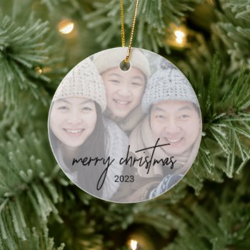 Whimsical Calligraphy Faded Photo Merry Christmas Ceramic Ornament by ChristmasPaperCo at Zazzle