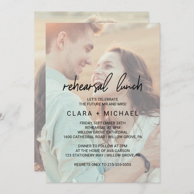 Whimsical Calligraphy Faded Photo Rehearsal Lunch Invitation (Front/Back)