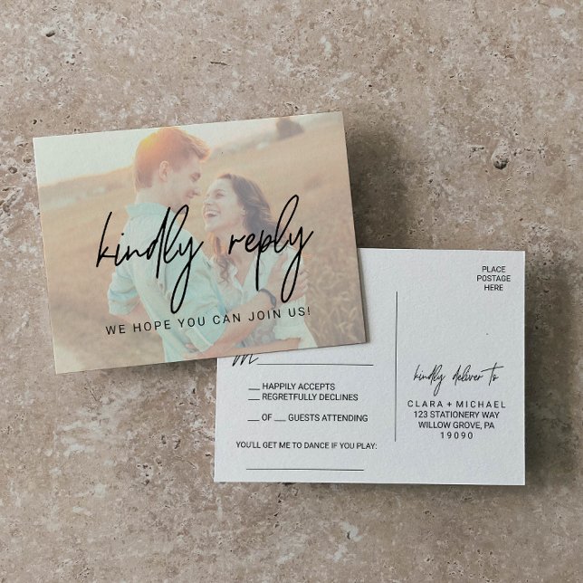 Whimsical Calligraphy | Faded Photo Song RSVP Invitation Postcard (Creator Uploaded)