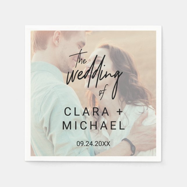 Whimsical Calligraphy | Faded Photo Wedding Paper Napkins (Front)