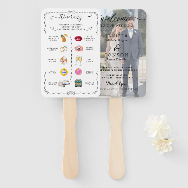 Whimsical Calligraphy Faded Photo Wedding Program  Hand Fan (Front and Back)