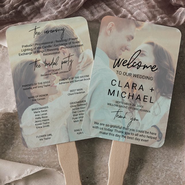 Whimsical Calligraphy Faded Photo Wedding Program Hand Fan (Creator Uploaded)