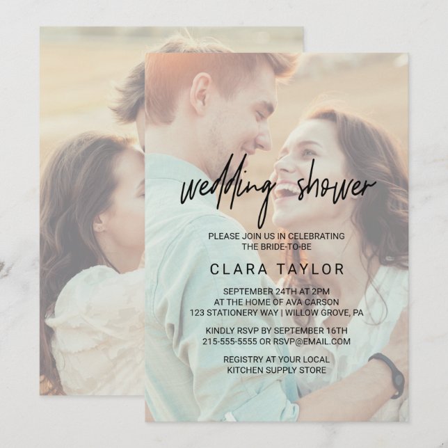 Whimsical Calligraphy | Faded Photo Wedding Shower Invitation (Front/Back)
