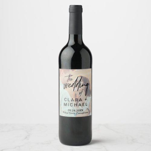 Whimsical Calligraphy  Faded Photo Wedding Wine Label